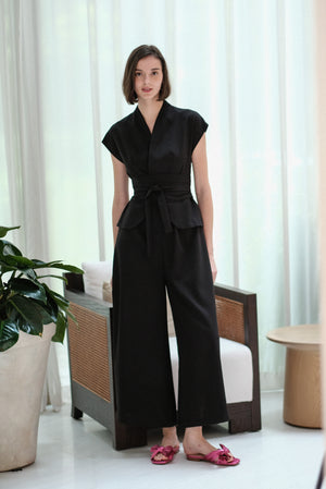 Maven Obi Jumpsuit - Black / Navy Pinstripes