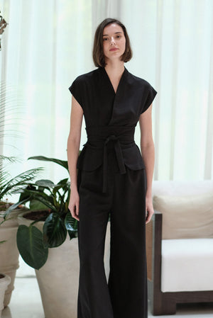 Maven Obi Jumpsuit - Black / Navy Pinstripes
