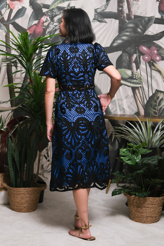 
            
                Load image into Gallery viewer, Giada Eyelet Midi Dress - Black-Cobalt
            
        