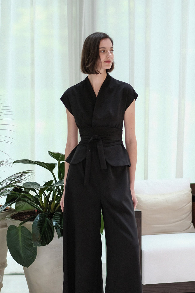 Maven Obi Jumpsuit - Black / Navy Pinstripes