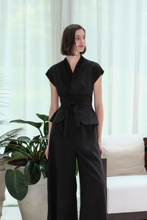 Maven Obi Jumpsuit - Black / Navy Pinstripes
