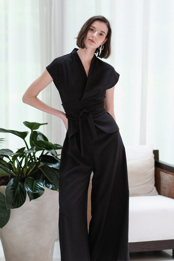 Maven Obi Jumpsuit - Black / Navy Pinstripes