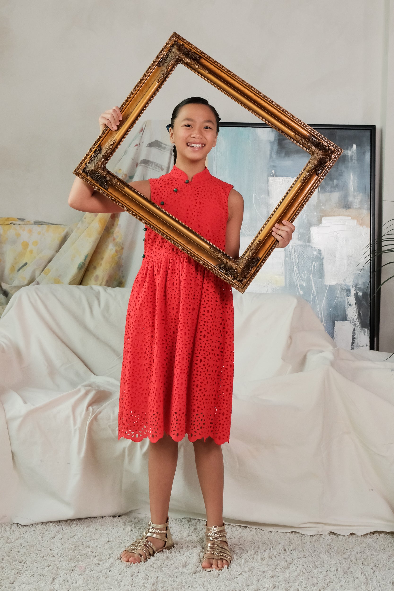 Lil&#39; Contessa Eyelet Cheongsam - Vermillion