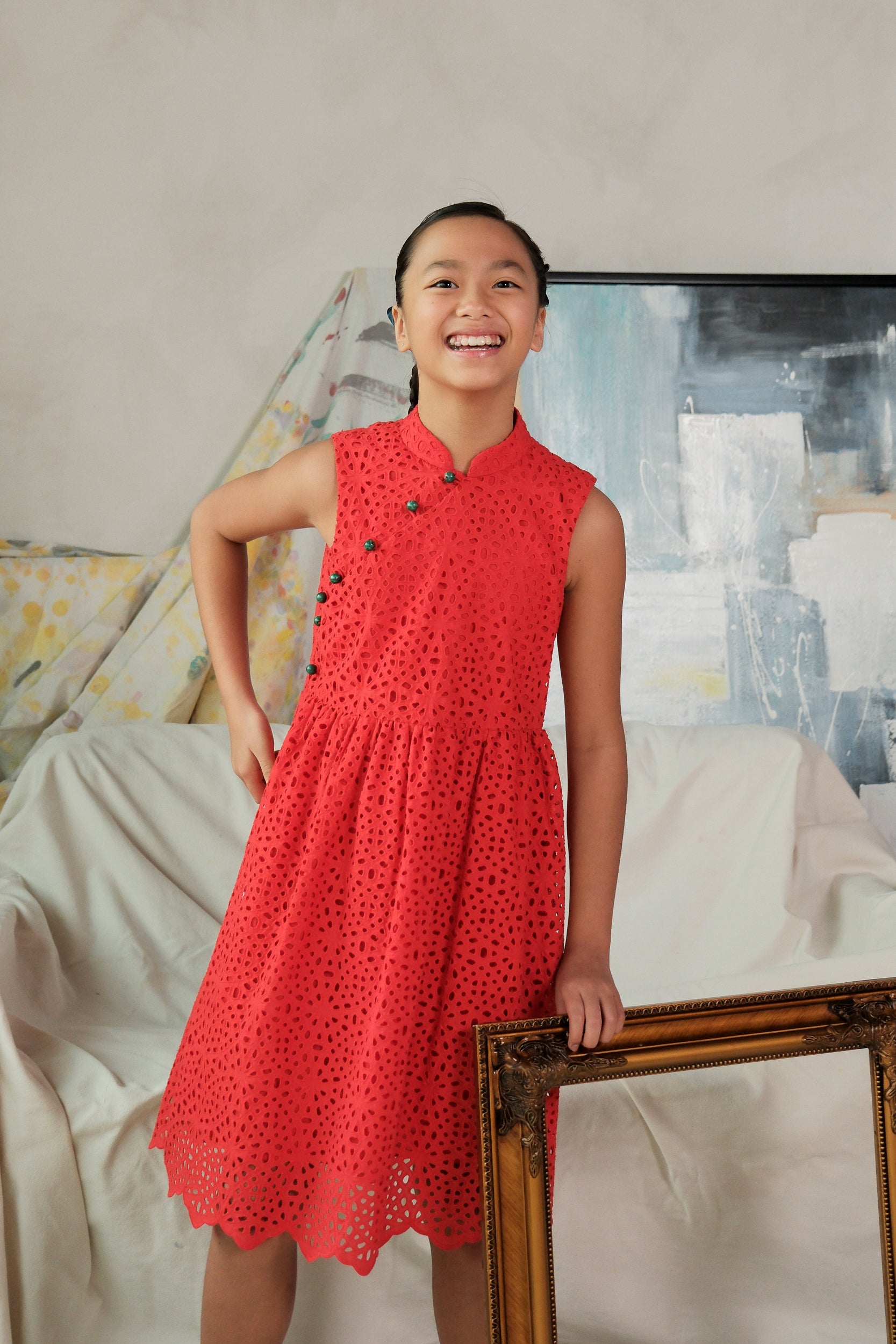 Lil&#39; Contessa Eyelet Cheongsam - Vermillion
