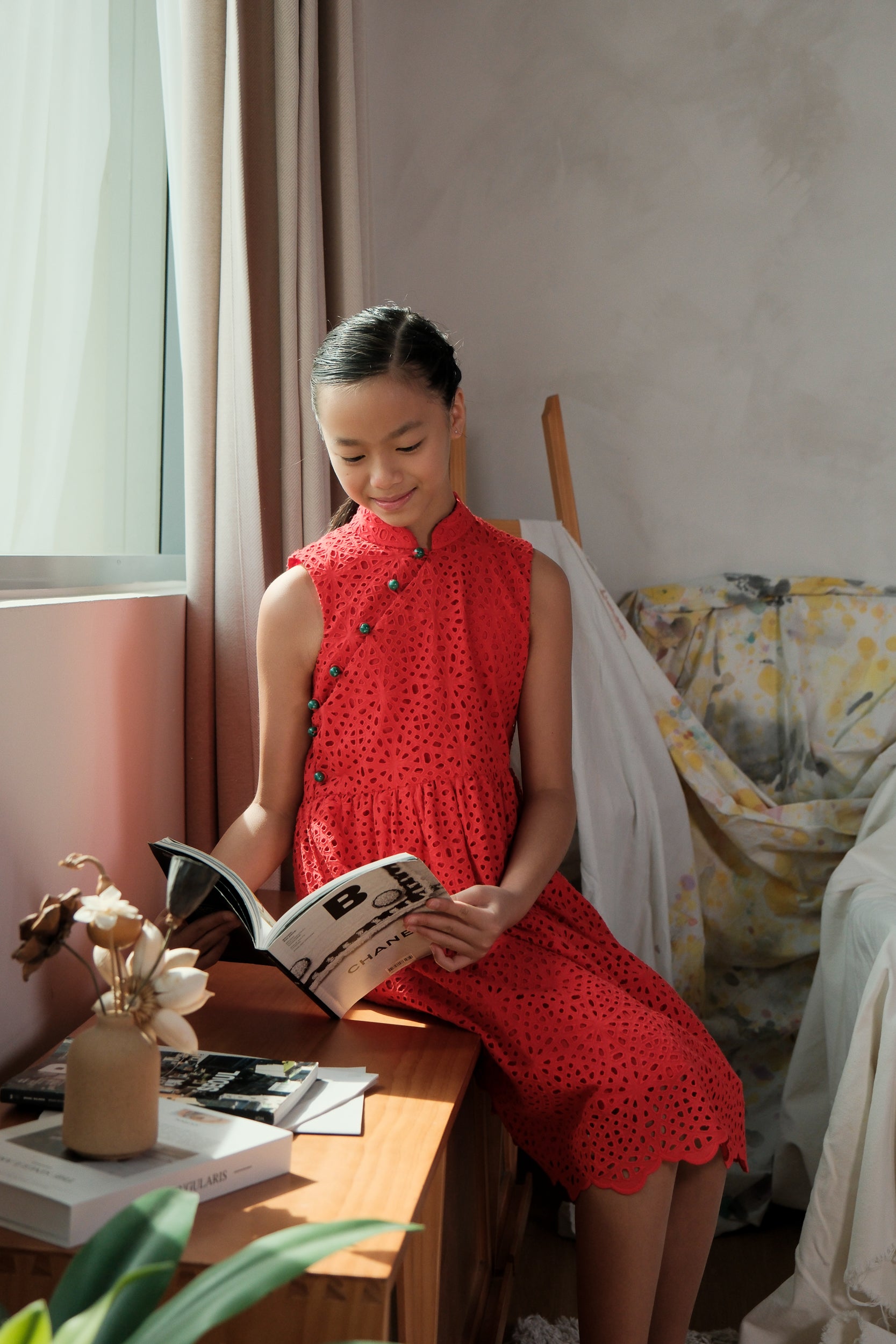 Lil&#39; Contessa Eyelet Cheongsam - Vermillion