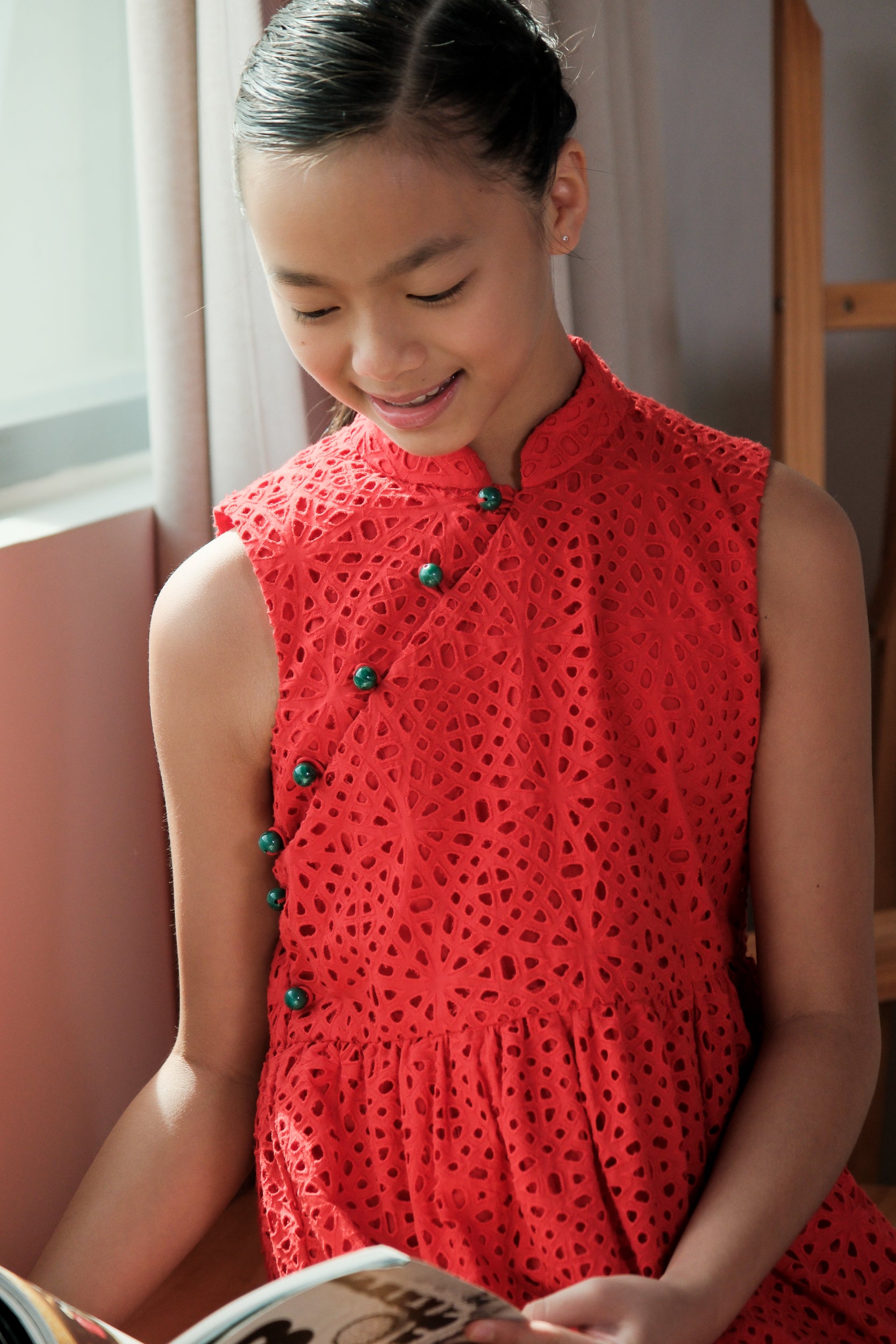 Lil&#39; Contessa Eyelet Cheongsam - Vermillion