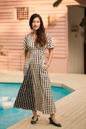 Laurel Houndstooth Godet Maxi Dress - Black / White