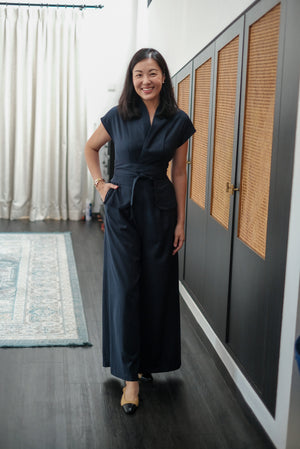 Maven Obi Jumpsuit - Black / Navy Pinstripes
