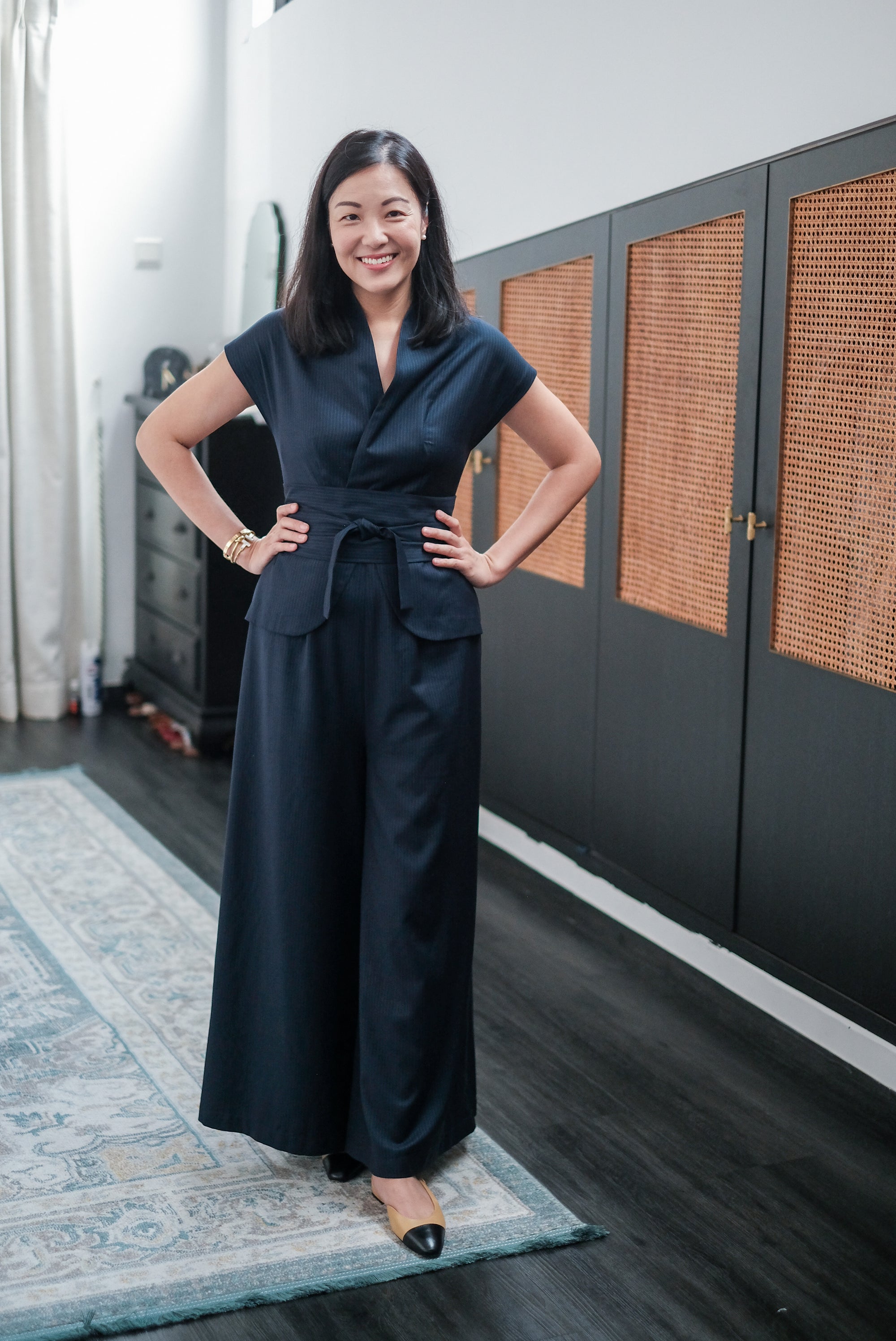 Maven Obi Jumpsuit - Black / Navy Pinstripes
