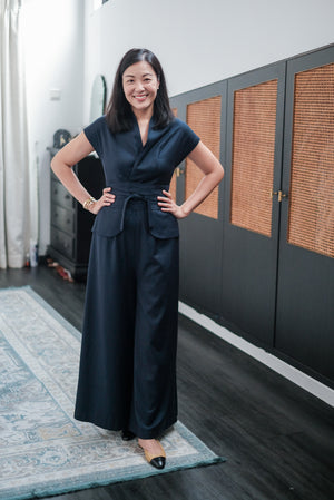 Maven Obi Jumpsuit - Black / Navy Pinstripes