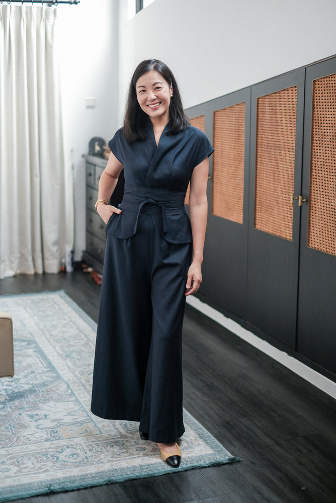 Maven Obi Jumpsuit - Black / Navy Pinstripes