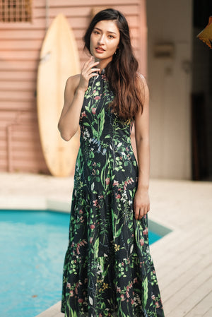 Lush Halter Maxi Dress - Navy Botanical