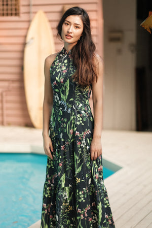 Lush Halter Maxi Dress - Navy Botanical