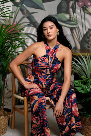 
            
                Load image into Gallery viewer, Rhea Halter Maxi Jumpsuit - Amber Foliage / Palms
            
        