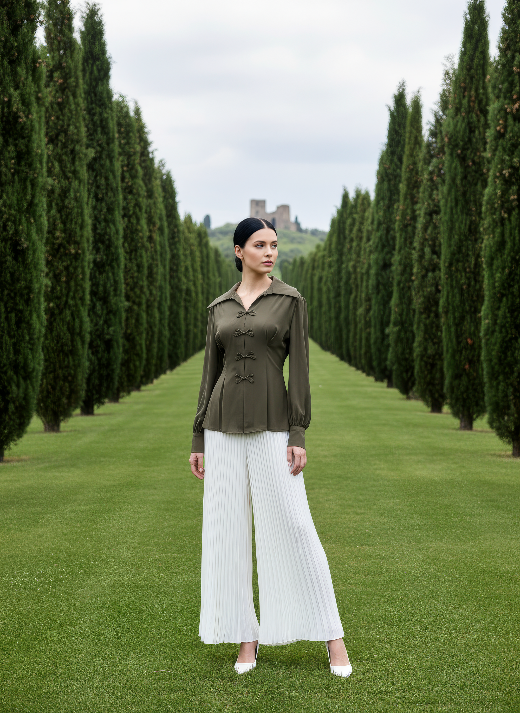 Grace Kelly Chiffon Shirt - White / Olive Green