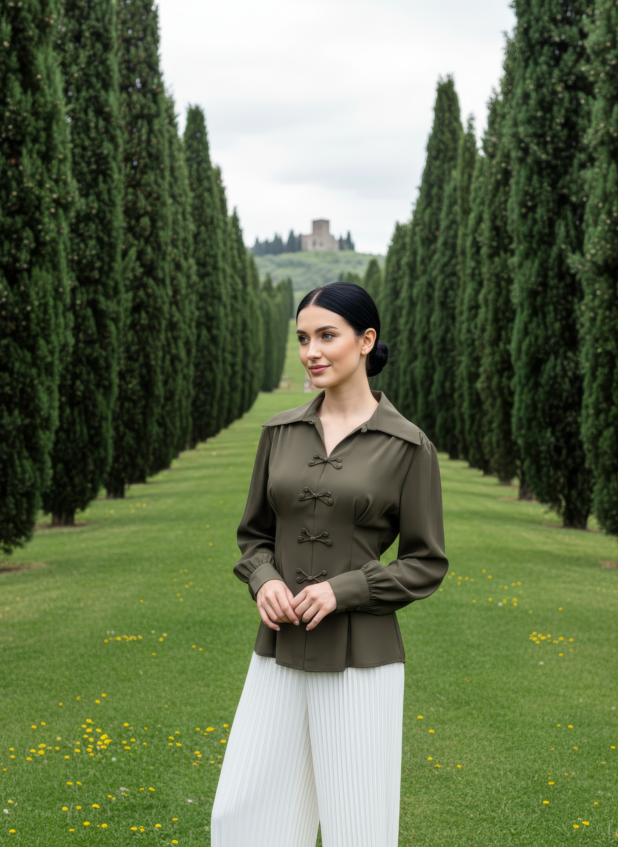 Grace Kelly Chiffon Shirt - White / Olive Green
