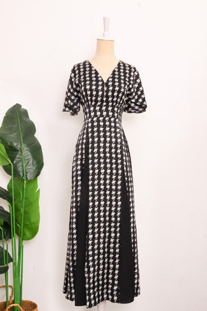 Laurel Houndstooth Godet Maxi Dress - Black / White