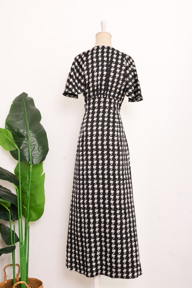 Laurel Houndstooth Godet Maxi Dress Black White