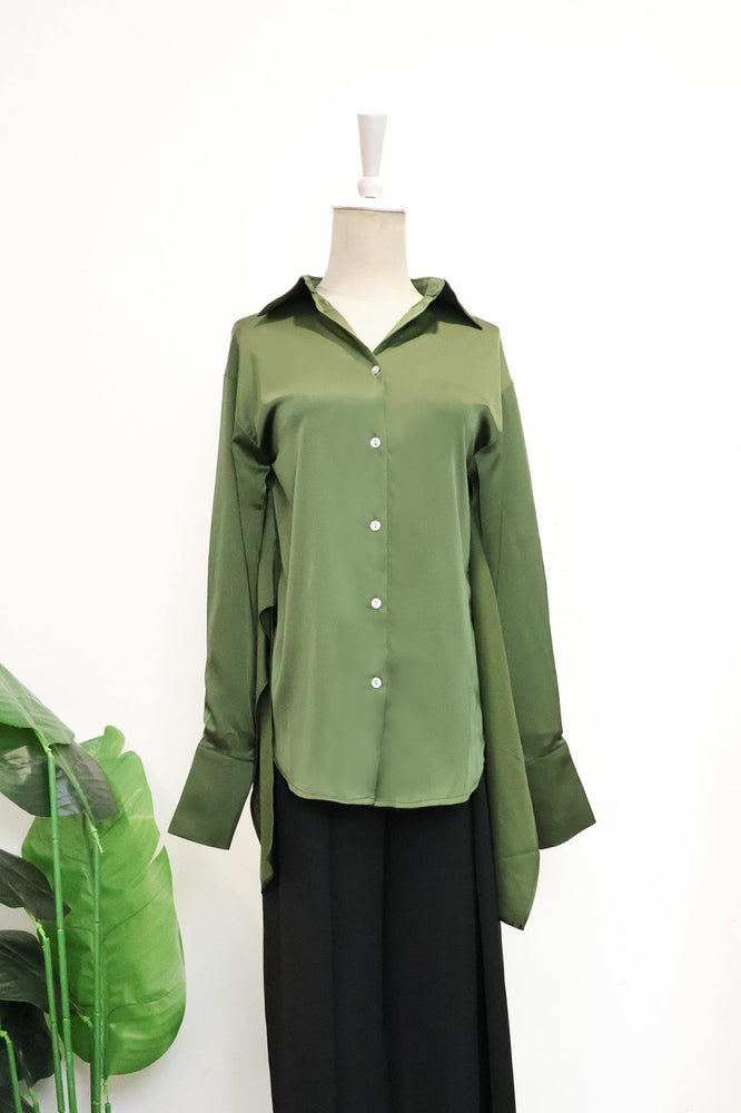 Mia Tie-Back Satin Shirt - Black / Olive Green