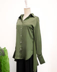 Mia Tie-Back Satin Shirt - Black / Olive Green