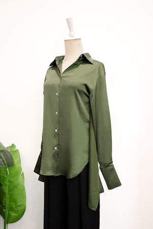 Mia Tie-Back Satin Shirt - Black / Olive Green