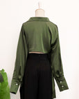 Mia Tie-Back Satin Shirt - Black / Olive Green