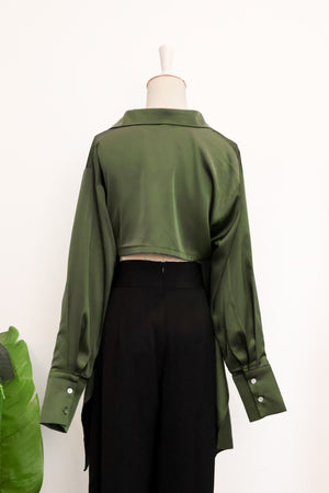 Mia Tie-Back Satin Shirt - Black / Olive Green