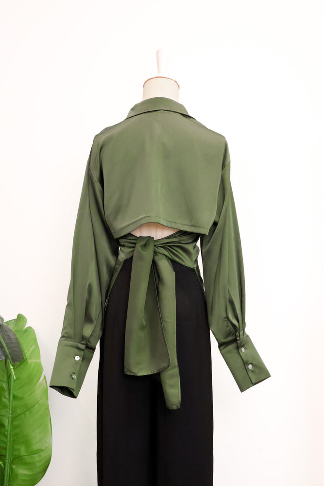 Mia Tie-Back Satin Shirt - Black / Olive Green