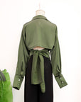 Mia Tie-Back Satin Shirt - Black / Olive Green