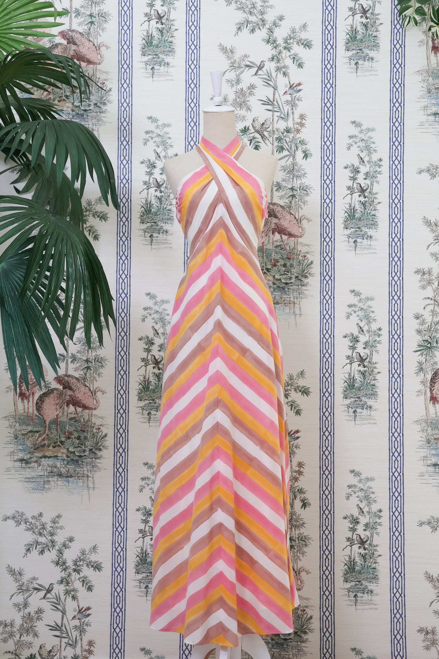 Rhea Halter Maxi Dress - Green-Yellow Paint Strokes / Pink-Yellow Paint Strokes