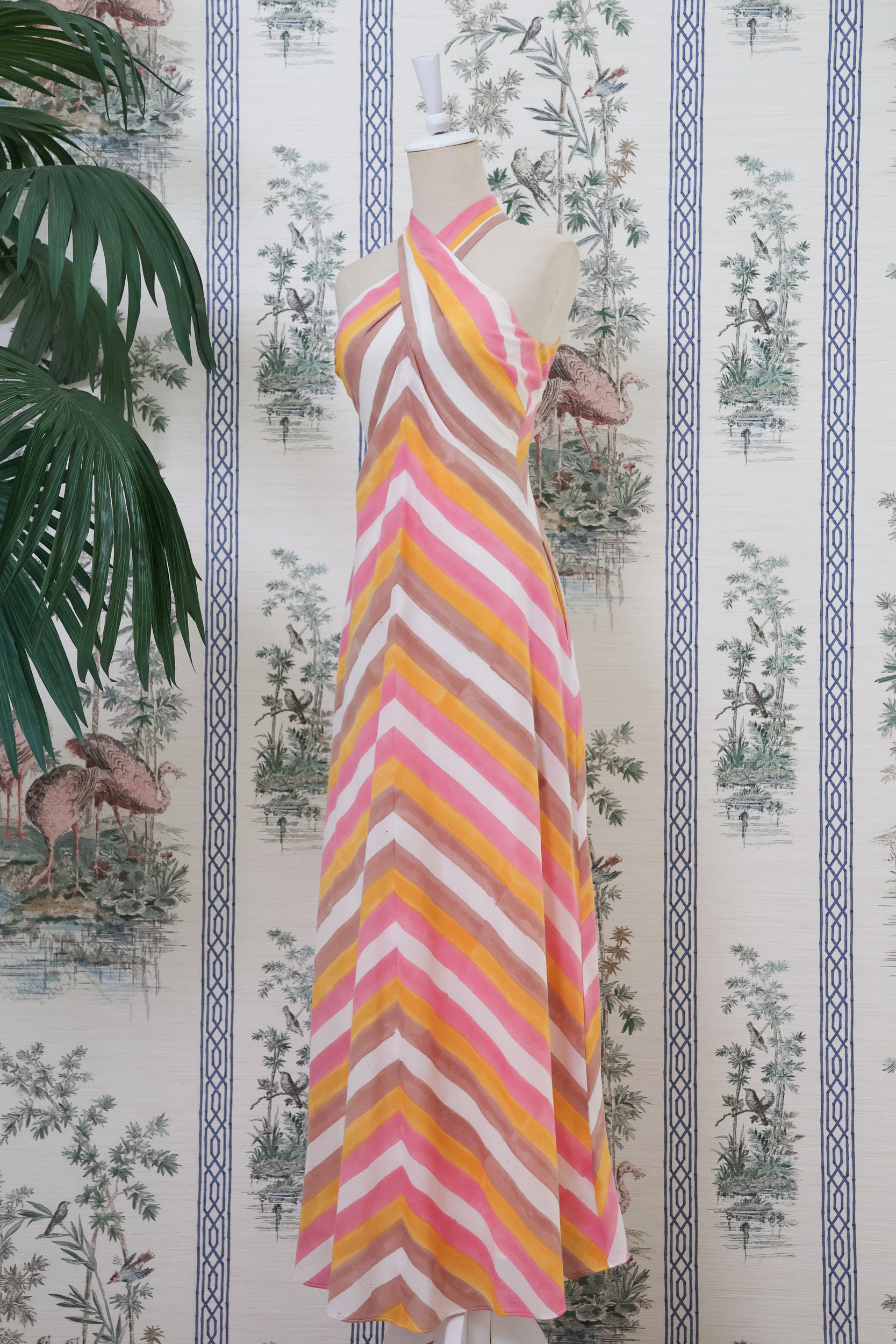 Rhea Halter Maxi Dress - Green-Yellow Paint Strokes / Pink-Yellow Paint Strokes