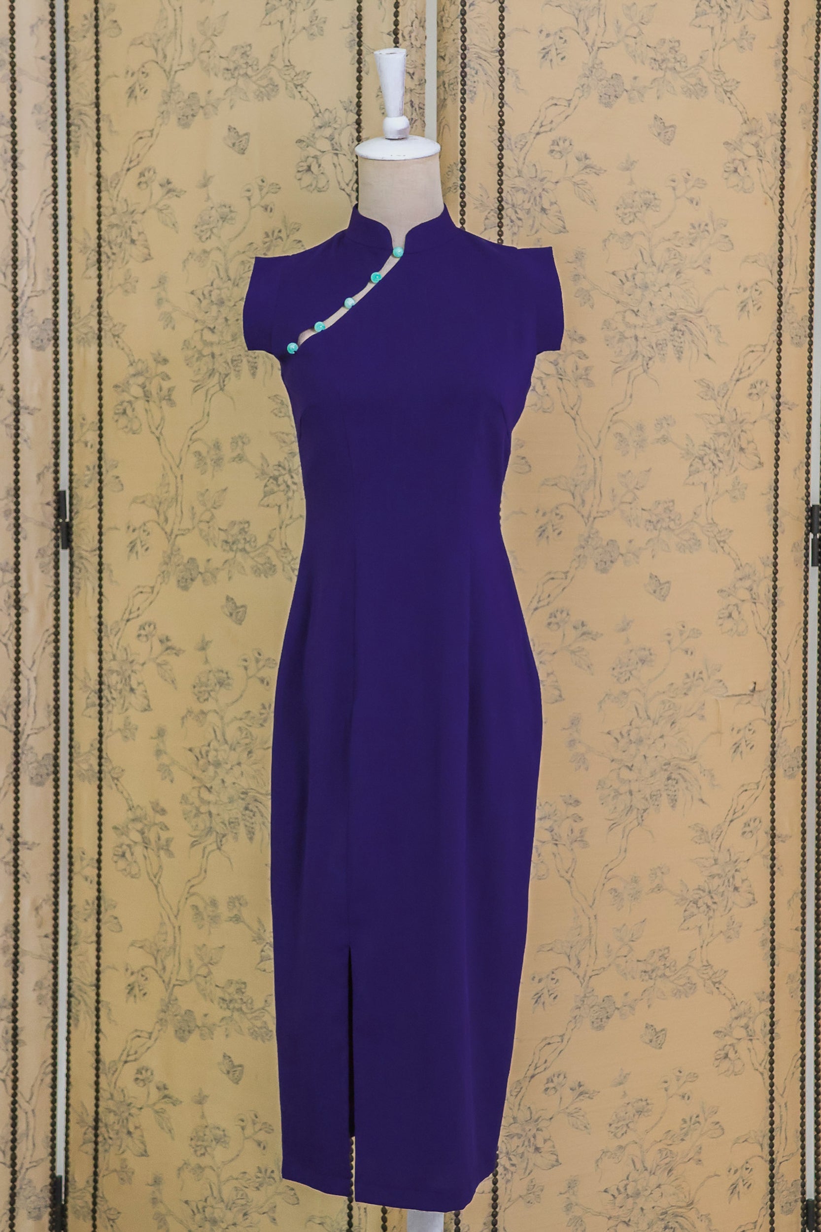 Ava Fitted Midi Cheongsam - Teal / Royal Purple / Coral (Pre-order)