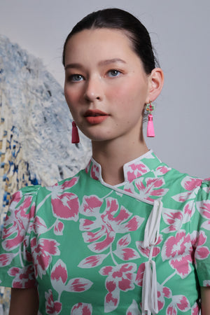 Theia Tie Shift Cheongsam - Pink-Green Floral