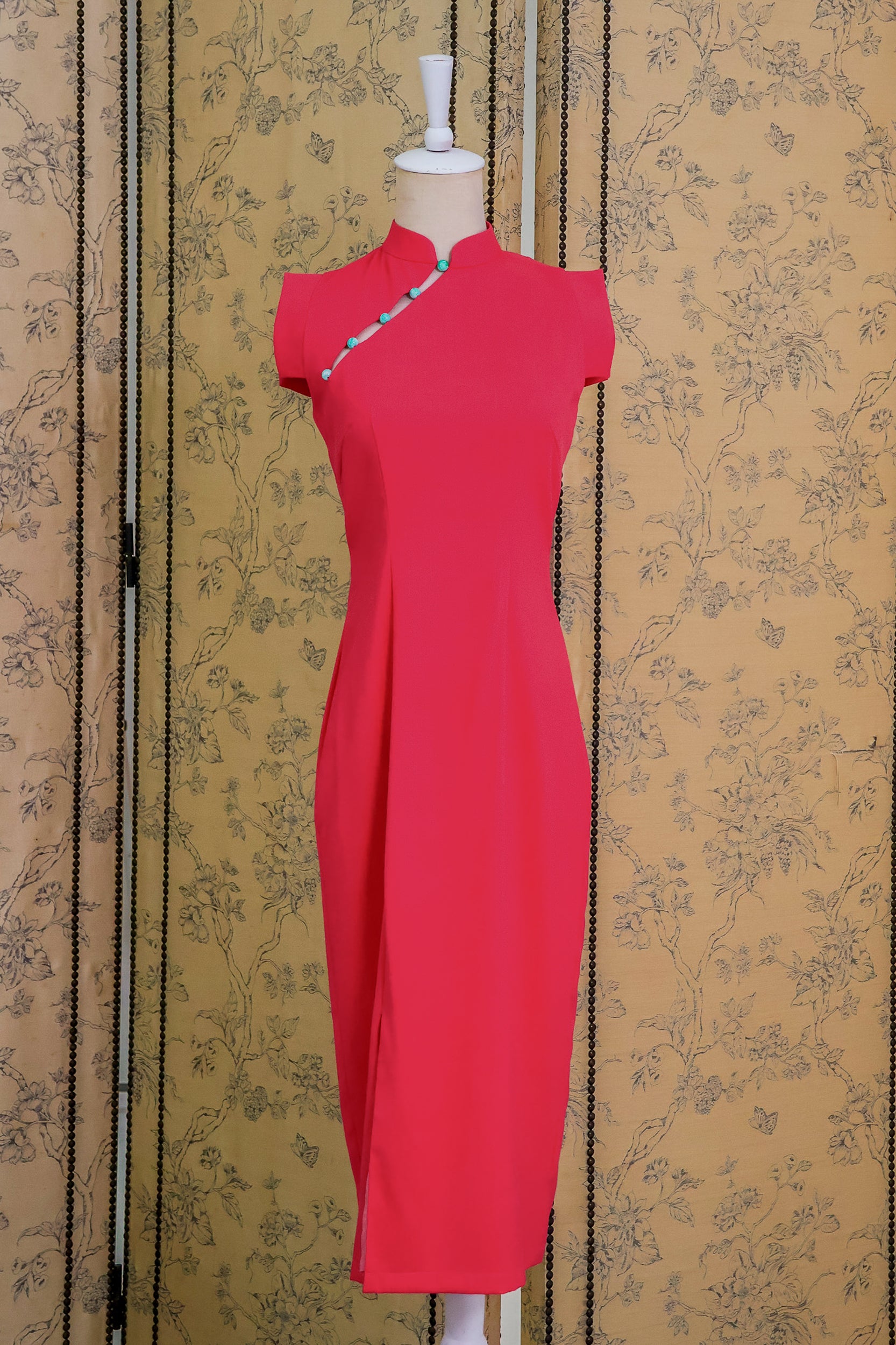 Ava Fitted Midi Cheongsam - Teal / Royal Purple / Coral (Pre-order)