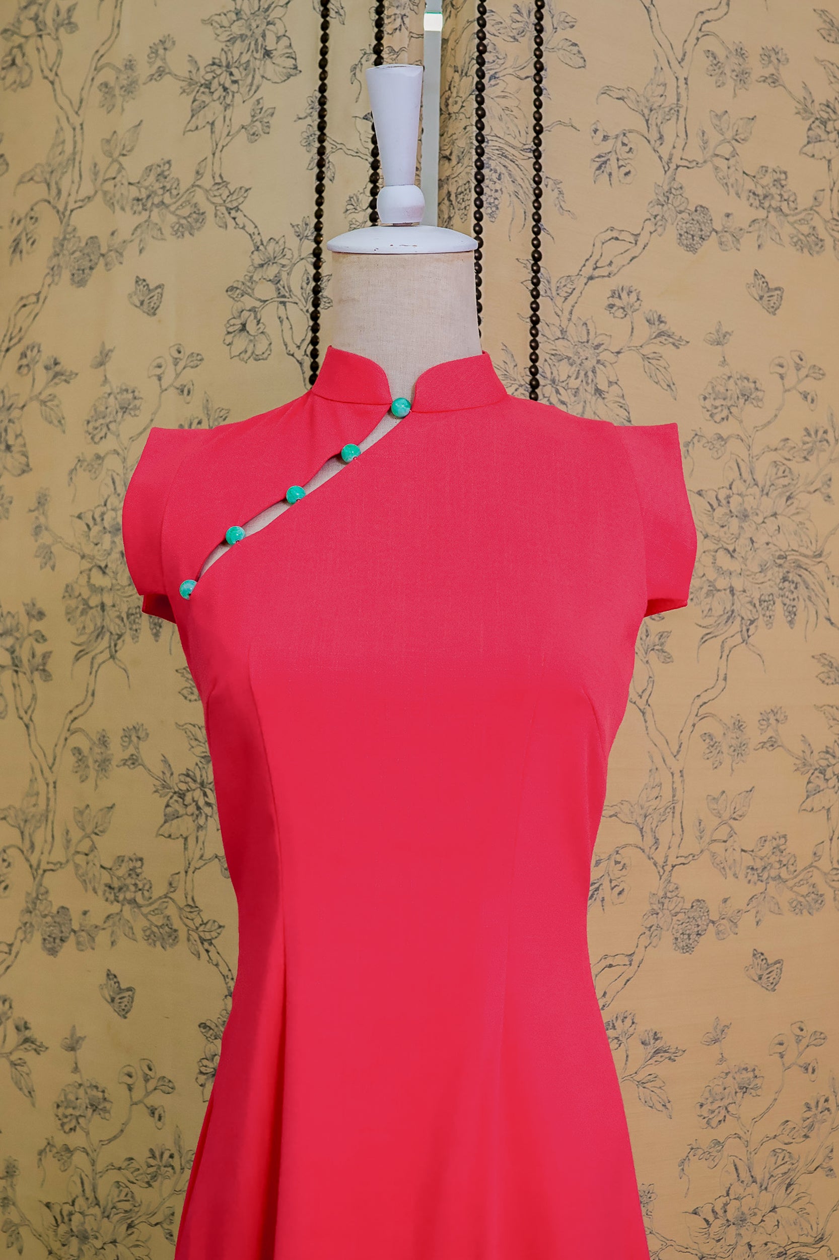 Ava Fitted Midi Cheongsam - Teal / Royal Purple / Coral (Pre-order)