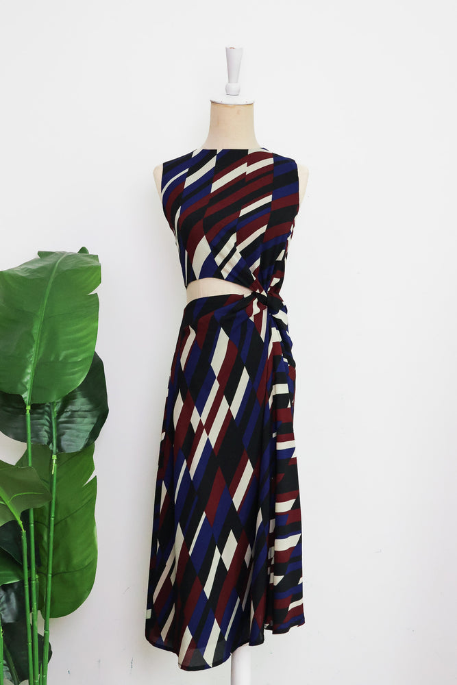 Marina Cut-Out Dress - Maroon Blue Geometric