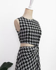 Marina Cut-Out Dress - Maroon Blue Geometric / Houndstooth