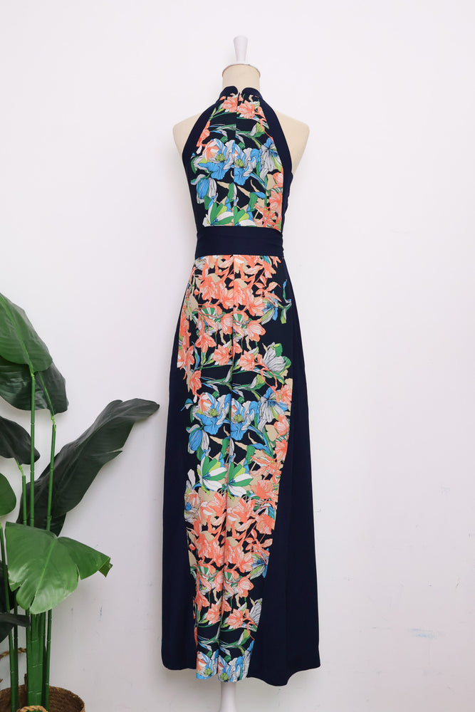 Kyoto Halter Maxi Jumpsuit - Houndstooth / Orange Navy Florals