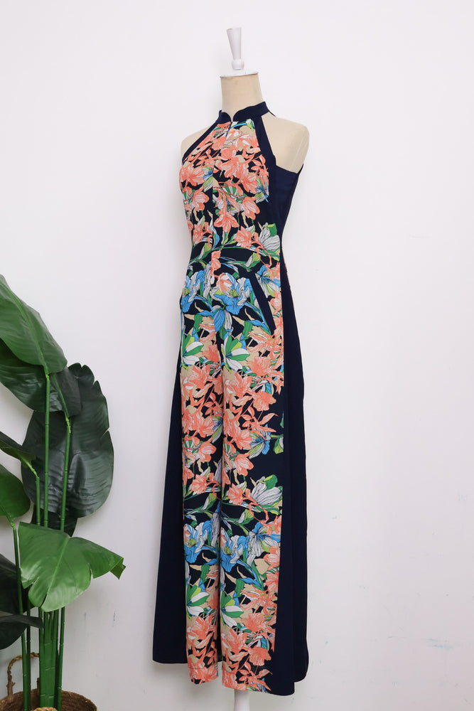 Kyoto Halter Maxi Jumpsuit - Houndstooth / Orange Navy Florals