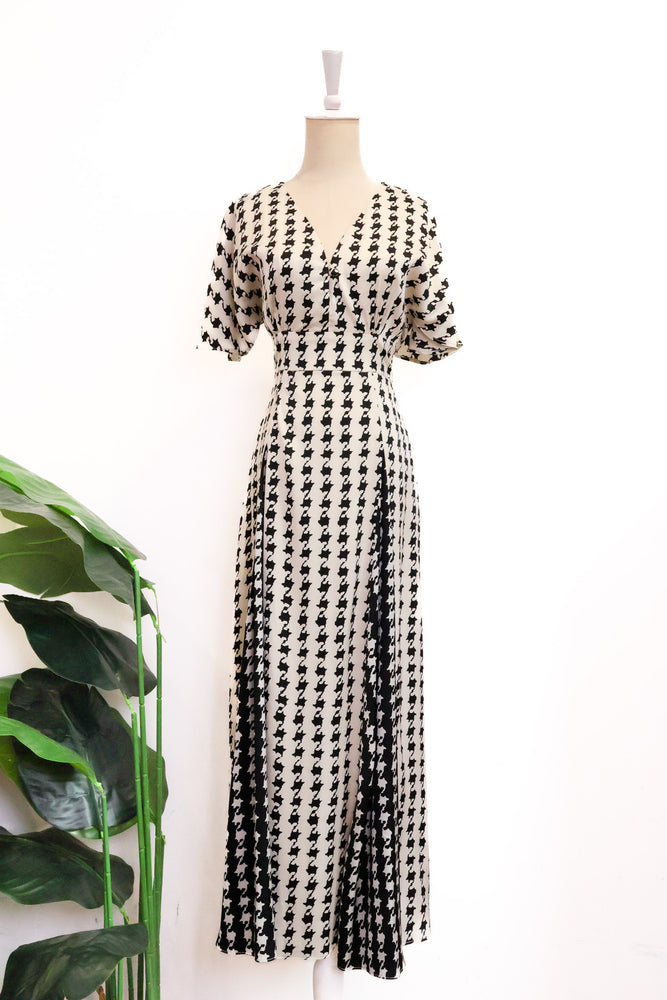 Laurel Houndstooth Godet Maxi Dress - Black / White