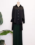 Mia Tie-Back Satin Shirt - Black / Olive Green