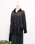 Mia Tie-Back Satin Shirt - Black / Olive Green