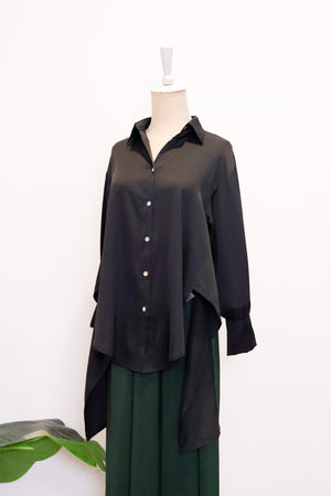 Mia Tie-Back Satin Shirt - Black / Olive Green