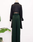 Mia Tie-Back Satin Shirt - Black / Olive Green