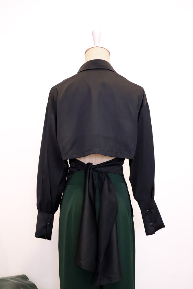 Mia Tie-Back Satin Shirt - Black / Olive Green