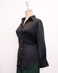 Mia Tie-Back Satin Shirt - Black / Olive Green