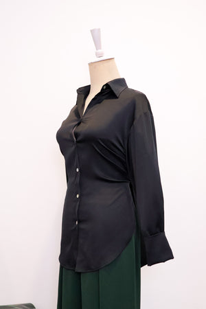 Mia Tie-Back Satin Shirt - Black / Olive Green