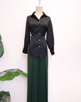 Mia Tie-Back Satin Shirt - Black / Olive Green