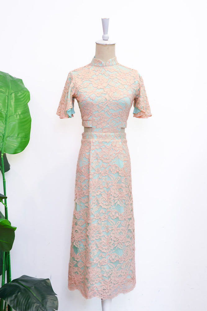 Signature Lace Cut-Out Cheongsam with Sleeves - Navy / Peach (Pre-order)