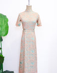 Signature Lace Cut-Out Cheongsam with Sleeves - Navy / Peach (Pre-order)